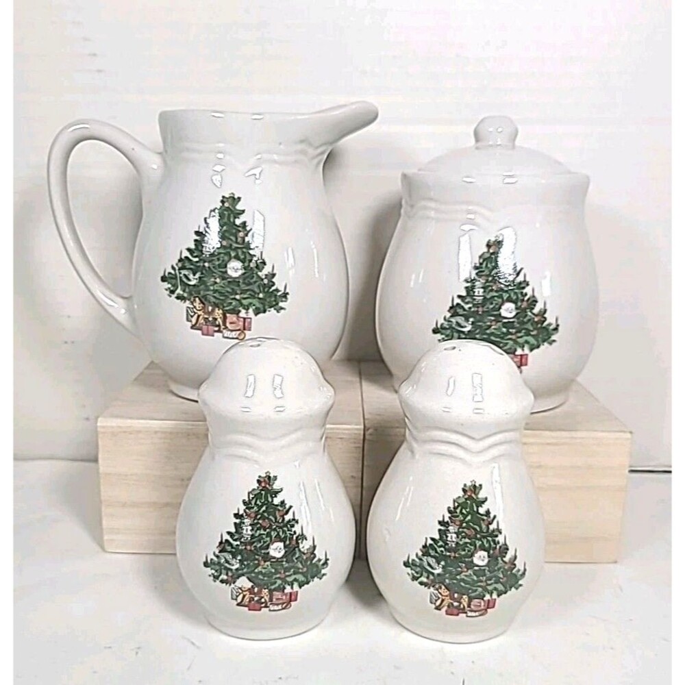 Vintage Ceramic Christmas Tree Creamer Sugar Salt Pepper W/Lid